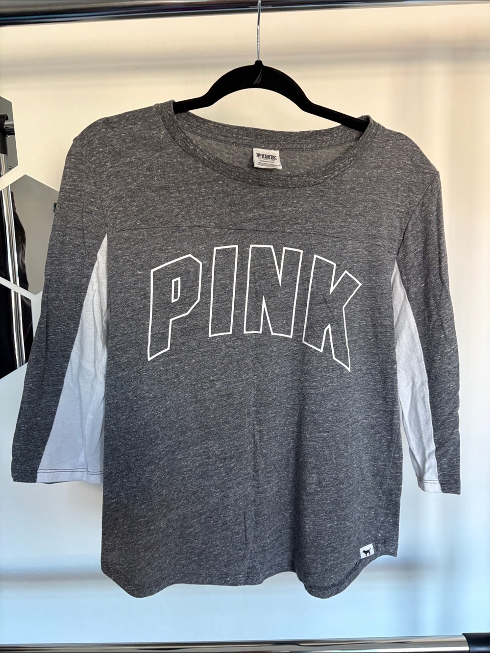 PINK Victoria's Secret Heather Gray and White Long Sleeve Logo Top